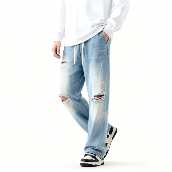 Light Wash Distressed Drawstring Jeans