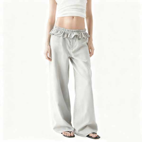 Light Gray Ruffled Waist Wide-Leg Pants