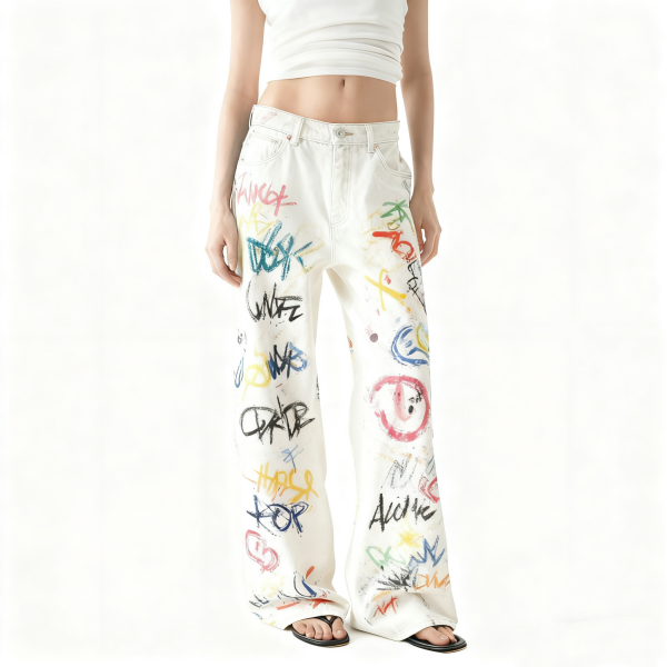 White Graffiti-Print Wide-Leg Jeans