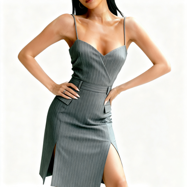 Gray Pinstripe Belted Slip Dress