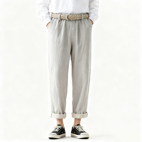Light Gray Textured Paperbag-Waist Pants