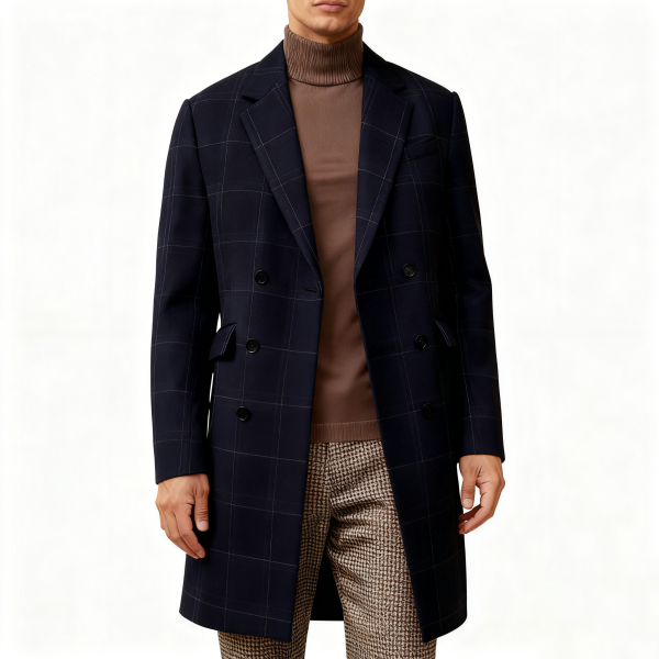 Navy Windowpane Wool Coat