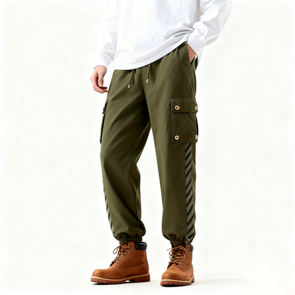 Olive Green Stripe-Accent Cargo Pants