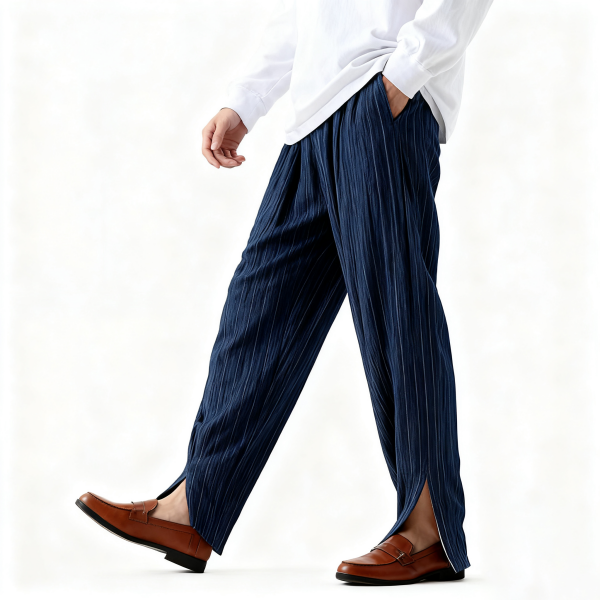 Navy Striped Split-Hem Wide-Leg Pants