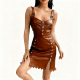 Brown Faux Leather Studded Asymmetrical Dress
