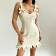 Beige Ribbed Bow-Strap Fringe Dress
