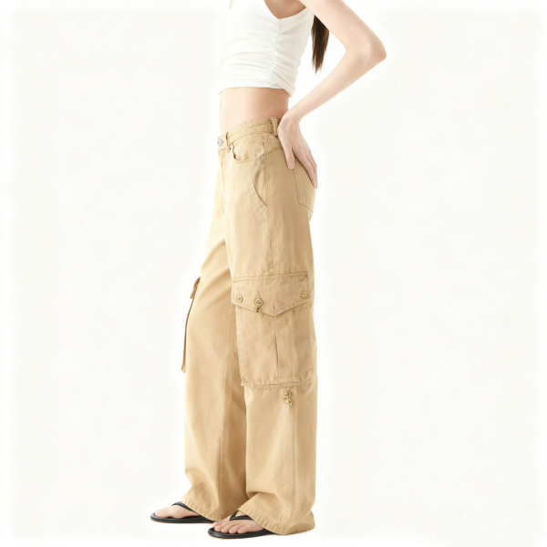 Beige Cargo Wide-Leg Pants