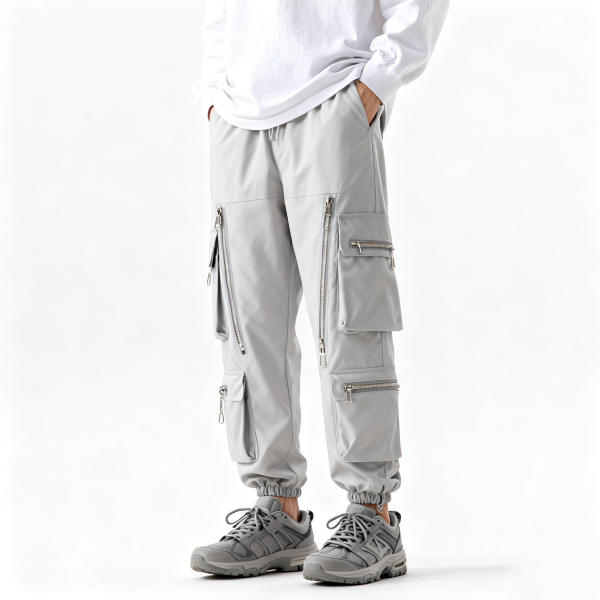Light Gray Multi-Zip Cargo Jogger Pants