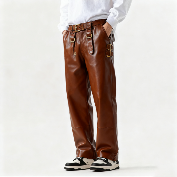 Brown Leather Buckle-Detail Wide-Leg Pants