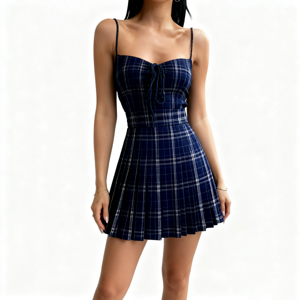 Navy Plaid Pleated Slip Dress
