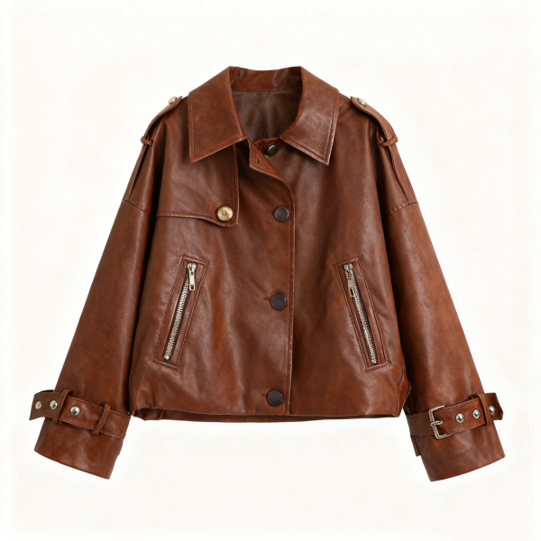 Tan Faux Leather Shirt-Collar Jacket
