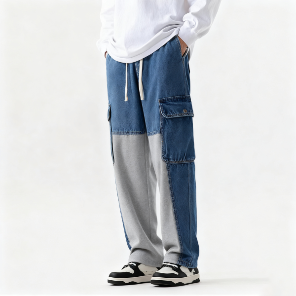 Blue Denim & Gray Sweatshirt Patchwork Pants