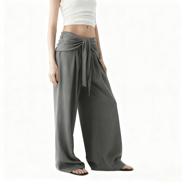 Gray Tie-Waist Wide-Leg Pants