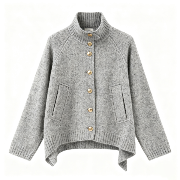 Gray Knit Stand-Collar Button Jacket