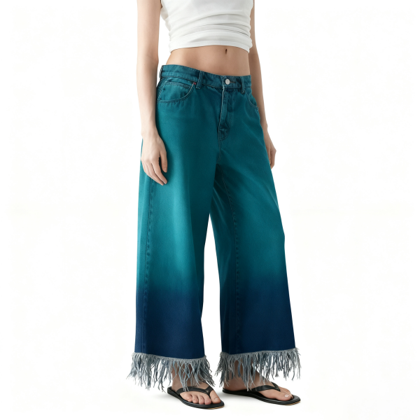 Teal Ombre Fringe-Hem Jeans