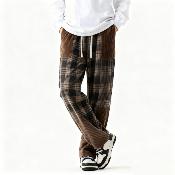 Brown Plaid & Corduroy Patchwork Wide-Leg Pants